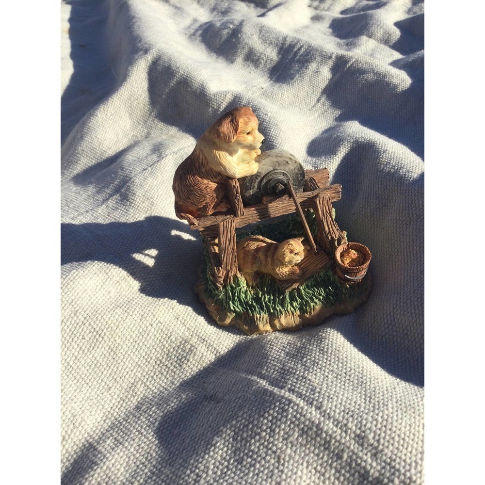 Vintage Lefton dog cat‎ figurine 3 in water well brown 01547 1994 farm bucket